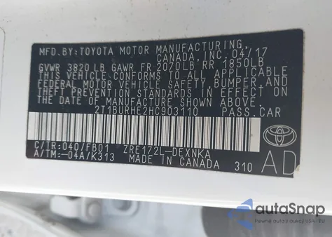 2017 Toyota Corolla Le z USA, uszkodzony, nr VIN 2T1BURHE2HC903110